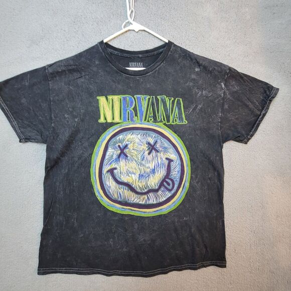 Nirvana Tee Shirt Men's Retro Graphic Burnout Black Smiley Face Size XL - Picture 1 of 8